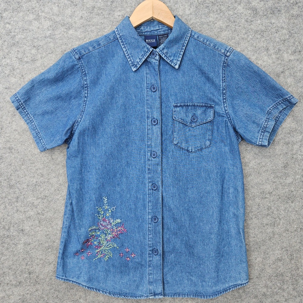 Basic Editions Women's Blue‎ Denim Shirt Size S Cotton Embroidered Short Sleeve